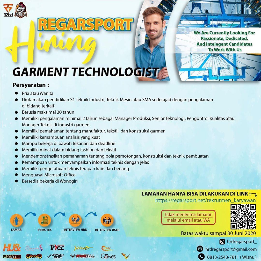 Lowongan Kerja 2020 Garment Technologist