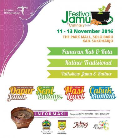 Festival Jamu dan Kuliner 2016,11-13 November 2016. The Park Mall, Solo Baru, Kabupaten Sukoharjo.
